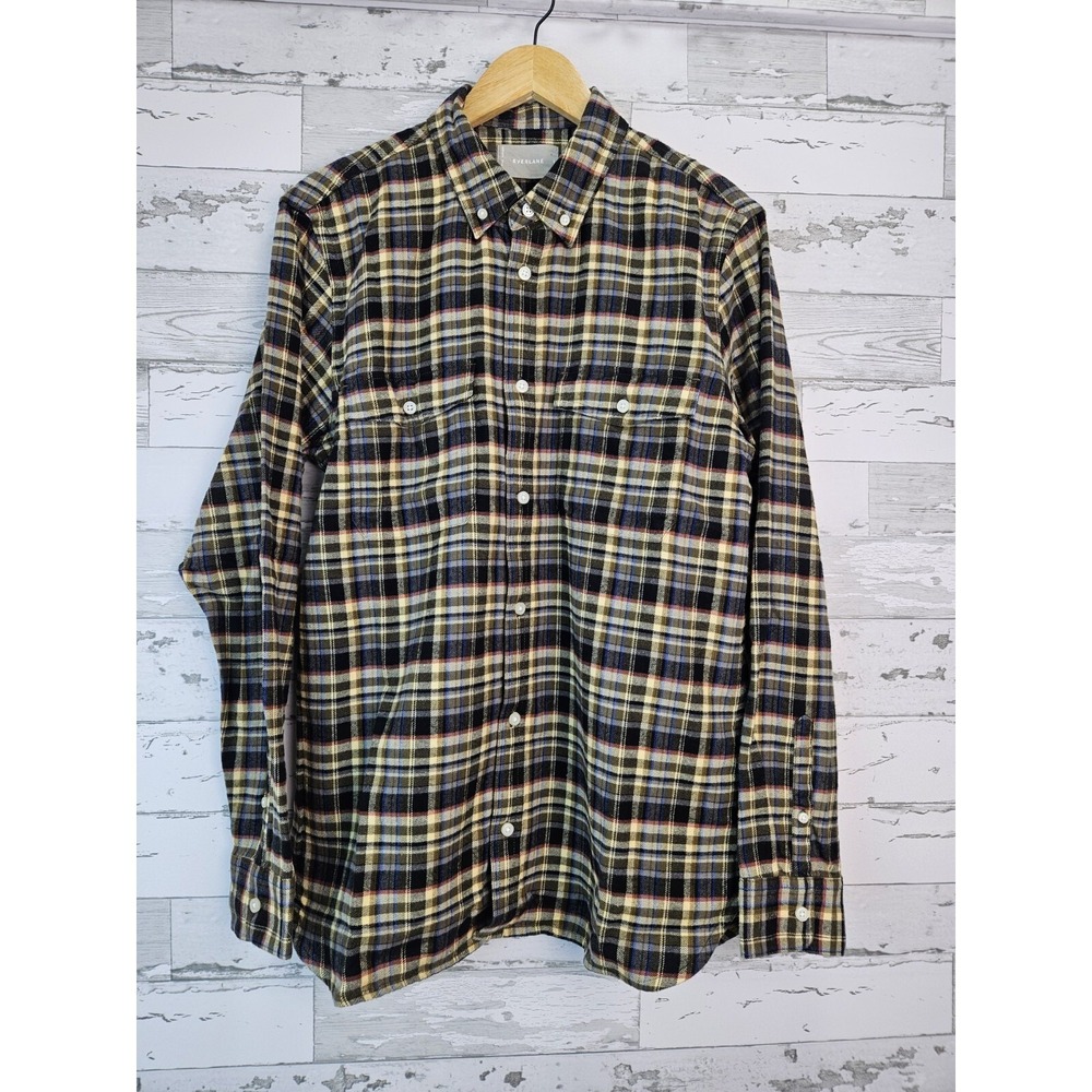 Everlane Mens Flannel Plaid Button Down Shirt Olive Navy Cream Large L